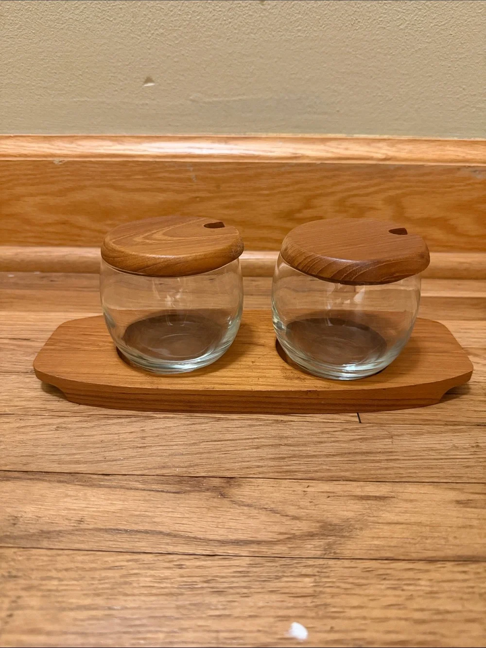 Vintage Teakwood Condiment Server; Glass & Wood Condiment Tray